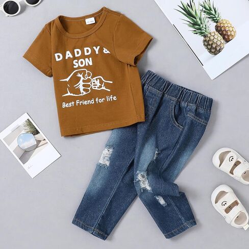 WESIDOM طفل رضيع ملابس الصيف عارضة قصيرة الأكمام أعلى ممزق الجينز 1-5T طفل الفتيان وتتسابق الاطفال مجموعة ملابس in Kuwait