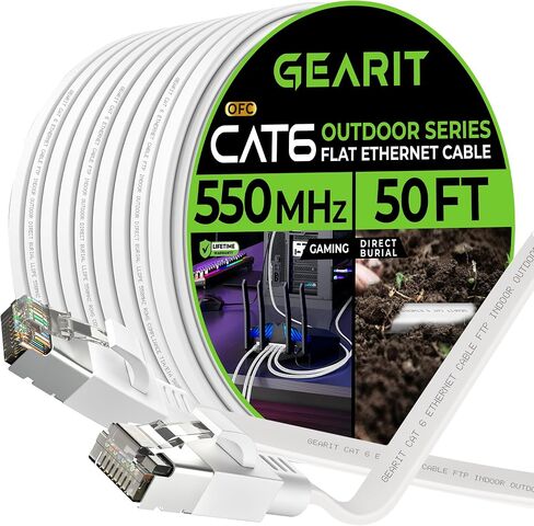 GearIT Cat 6 Outdoor Flat Ethernet Cable (50ft, White) Direct Burial Rated LLDPE Jacket - Indoor Cat6 Shielded FTP 10Gbps High Speed Gaming Computer Network RJ45 Snagless Patch Cord Internet in Saudi Arabia