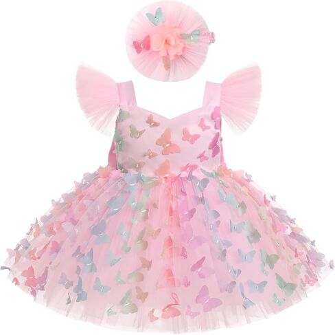 Baby Girl Butterfly Dress Flutter Sleeve Princess Tulle Tutu Dress with Flower Headband Birthday Party Dress in Saudi Arabia