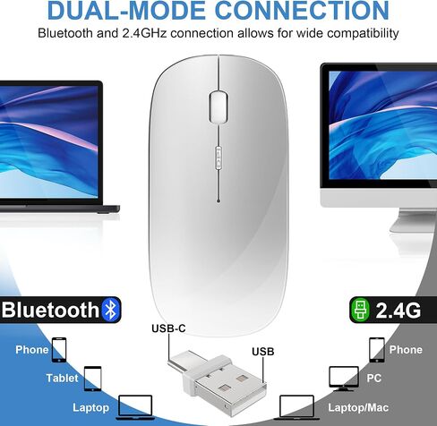 Tsmine Bluetooth Mouse Wireless, Slim Computer Mouse Dual-Mode Connection with USB Receiver Mouse Cordless Rechargeable Silent Mouse for Mac Windows Laptops Chromebook Tablets iPad(Gray) in Saudi Arabia
