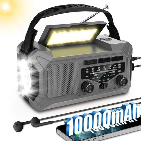10000mAh Emergency Radio,Multi-Function AM/FM/NOAA Weather Radio,Hand Crank,USB Cable 3 Charging Methods,SOS Alarm,Flashlight,Phone Charger,Compass,Reading Lamp(Silver Grey) in Saudi Arabia