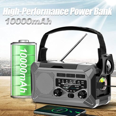 10000mAh Emergency Radio,Multi-Function AM/FM/NOAA Weather Radio,Hand Crank,USB Cable 3 Charging Methods,SOS Alarm,Flashlight,Phone Charger,Compass,Reading Lamp(Silver Grey) in Saudi Arabia