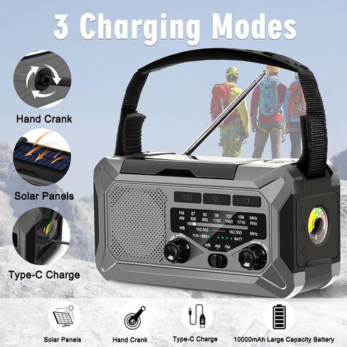 10000mAh Emergency Radio,Multi-Function AM/FM/NOAA Weather Radio,Hand Crank,USB Cable 3 Charging Methods,SOS Alarm,Flashlight,Phone Charger,Compass,Reading Lamp(Silver Grey) in Saudi Arabia