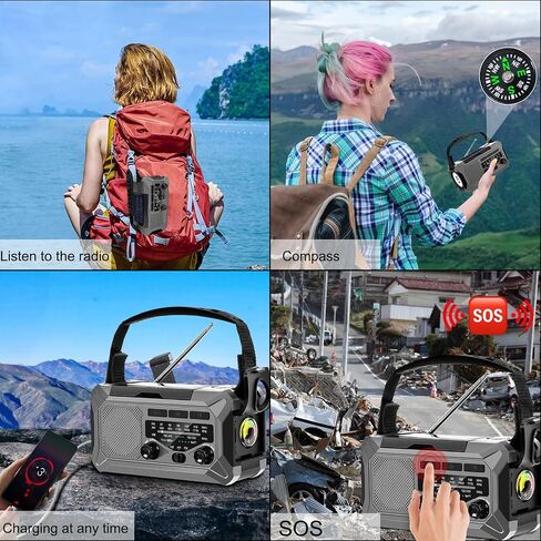 10000mAh Emergency Radio,Multi-Function AM/FM/NOAA Weather Radio,Hand Crank,USB Cable 3 Charging Methods,SOS Alarm,Flashlight,Phone Charger,Compass,Reading Lamp(Silver Grey) in Saudi Arabia