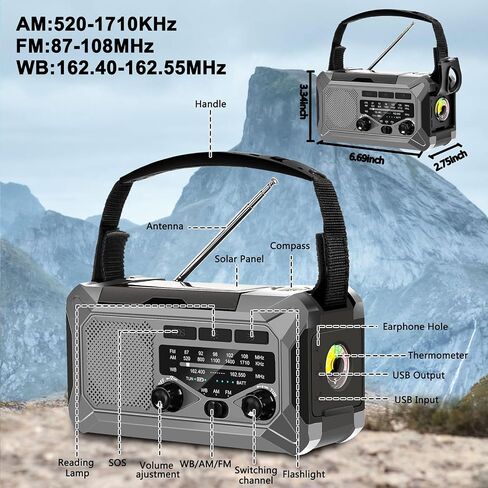 10000mAh Emergency Radio,Multi-Function AM/FM/NOAA Weather Radio,Hand Crank,USB Cable 3 Charging Methods,SOS Alarm,Flashlight,Phone Charger,Compass,Reading Lamp(Silver Grey) in Saudi Arabia
