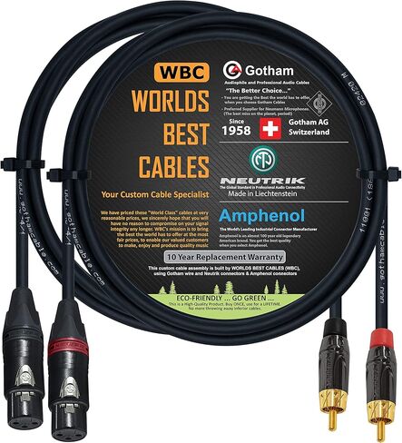 WORLDS BEST CABLES 2 Foot - RCA to XLR (Female) Cable Pair – Gotham GAC-4/1 (Black) Star-Quad Audio Interconnect Cable & Amphenol ACPL RCA & Neutrik Female XLR Gold Plugs - Custom Made in Saudi Arabia