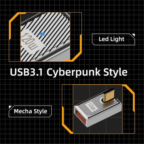 cablecc 10Gbps Data 120W Power USB-C USB 3.1 Type C to USB 3.0 A Type OTG Straight Female to Female Adapter Alloy Shell Mecha Cyberpunk Style in Saudi Arabia