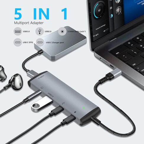 محول USB C OTG مع الطاقة، محول USB C Hub OTG 5 في 1 مع منفذي USB، 60 وات PD، محول صوت USB C إلى 3.5 مم، منفذ بيانات USB C متوافق مع MacBook Pro/Air، iPad Pro، Surface/Galaxy S22/ S21 in Kuwait
