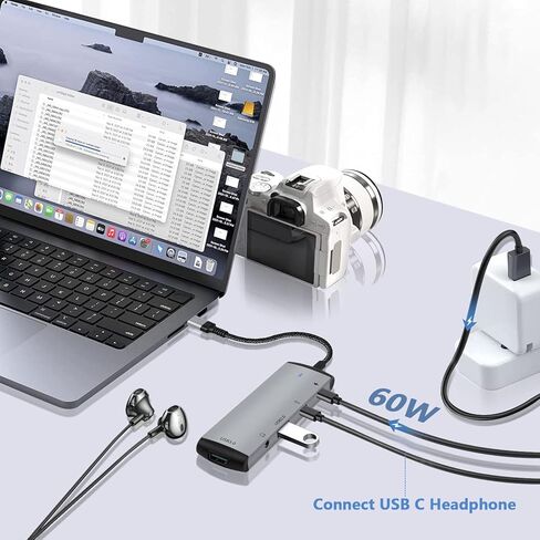 محول USB C OTG مع الطاقة، محول USB C Hub OTG 5 في 1 مع منفذي USB، 60 وات PD، محول صوت USB C إلى 3.5 مم، منفذ بيانات USB C متوافق مع MacBook Pro/Air، iPad Pro، Surface/Galaxy S22/ S21 in Kuwait