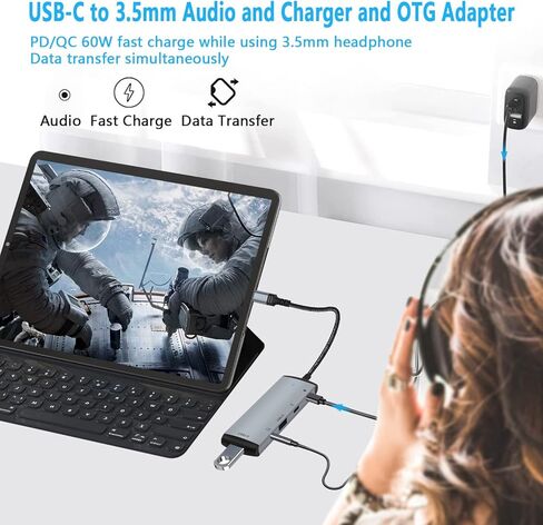 محول USB C OTG مع الطاقة، محول USB C Hub OTG 5 في 1 مع منفذي USB، 60 وات PD، محول صوت USB C إلى 3.5 مم، منفذ بيانات USB C متوافق مع MacBook Pro/Air، iPad Pro، Surface/Galaxy S22/ S21 in Kuwait