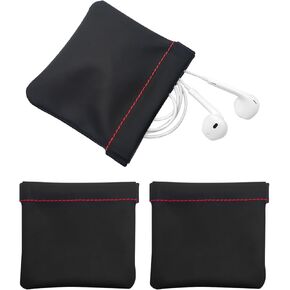 3pcs Earphone Pouch PU Leather Headphone Storage Bag Universal Spring Bag Closure Soft Elastic Snap Spring Pouch for Storing Earphones, Coins, Keys, USB Flash Drives, Jewellery
