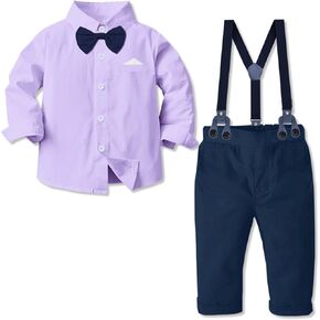 SANGTREE Toddler Baby Boy Dress Clothes Long Sleeve Bowtie Shirts Suspenders Pants Gentleman Outfit Suits Kid, Lavender, Tag 80 = 12-18M