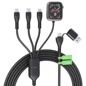 100W USB C Fast Charge Multi Charging Cable for Apple Watch and iPhone 15, 10FT 4 in 2 USB C/A Fast Charging Cable Compatible with All iWatch iPhone MacBook iPad and Other Type-C Devices（Black）
