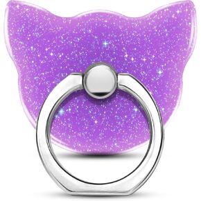 Bling Glitter Phone Grip, Cat Cell Phone Ring Holder Stand Purple for Women Girls, Compatible with Smartphone, Tablet, E-Reader, Etc (PU) (Cat PU)