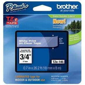 Brother Part# TZe-145 Label Tape (OEM) 3/4" White on Clear
