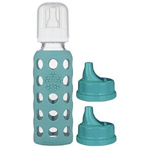 Lifefactory Glass Baby Bottle 9oz and 2 Transitioning Sippy Caps (Kale)