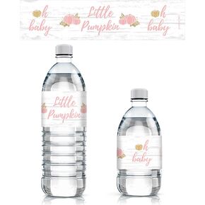 Pink and Gold Little Pumpkin Girl Baby Shower Water Bottle Labels - Fall Themed Waterproof Wrappers - 24 Count