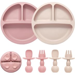 Silicone Baby Feeding Set, 2 Pack Divided Toddler Plates with Suction, 2 Pack Spoons and Forks Set, BPA Free, Baby Led Weaning Supplies for Baby Utensils Baby Eating Essentials