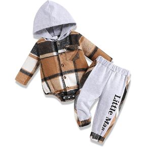 Fuermos Newborn Baby Boy Clothes Plaid Button Long Sleeve Hoodie Romper+ Mama's Boy Pants Fall Winter Outfits Set