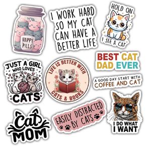 (10pcs) Cat Stickers Cute Funny Cat Stickers Pack Cat Stickers for Water Bottles, Multiple Different Design, Waterproof, UV- Resistant, Suitable for Tumbler, Laptop, Car, Truck
