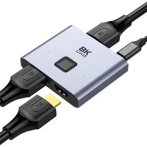 8K HDMI Switch 4k@120Hz HDMI 2.1 Switcher Splitter 2 in 1 out Aluminum. HDMI Bidirectional Switcher for Gaming，PS4/PS5, Xbox, Roku, A-pple TV, Fire Stick, Sony TV.