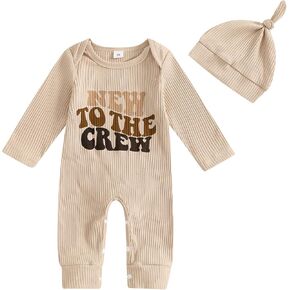 Newborn Baby Girl Clothes Infant Boy Romper NEW TO THE CREW Print Long Sleeve Ribbed Bodysuit Fall Winter Outfits