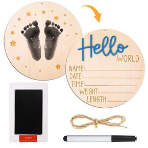 Baby Announcement Sign Plate, 5.9in Wooden Newborn Disc Board with Ink Pad for Hand & Footprints Hello Birth Plaque Gift for World New Parents Nursery Photo Prop Baby Disc Circle (Blue)