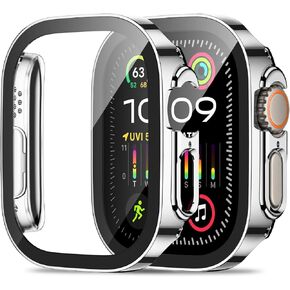 2 Pack Hard PC Case Compatible with Apple Watch Case 45mm Series 9/8/7 with Tempered Glass Screen Protector, Ultra-Thin Straight Edge Protective Cover for iWatch 45mm (Blue/Blue)