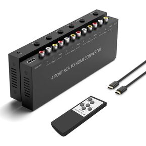 Y.D.F 4 Port RCA to HDMI Converter 4 Way RCA Composite CVBS AV Switch to HDMI Converter Adapter Support 4:3/16:9 Switching, for Sega Xbox PS1 PS2 PS3 N64 NGC SNES WII VHS VCR Camera DVD