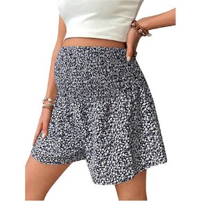 OYOANGLE Women's Maternity Shorts Floral Print Elastic High Waist Loose Flowy Shorts