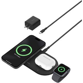 Belkin BoostCharge Pro 3-in-1 MagSafe-Compatible Wireless Charging Pad with Qi2 15W, Fast Charging iPhone Charger, Compatible with iPhone 15, 14, and 13 Series, AirPods, Apple Watch, & More - Black
