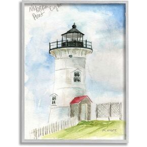Stupell Industries Nobska Point Lighthouse Cliffside Coastal Architecture, Design by Melissa Hyatt LLC Grey Framed Wall Art, 16 x 20, Blue