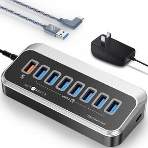 7-Port USB 3.2 Hub, USB Port Hub with 3.3 ft Cable (90 Degree Bend at Plug), USB Extension Hub with 7 USB 10Gbps Data port, USB Splitter Unique 32° Easy Plug, USB Expander/Extender for Mac, Laptop, PC