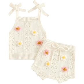 Toddler Girl Fall Outfits Knit Baby Clothes Tie-up Camisole With Elastic Waist Shorts 2 Pcs Clothing Set