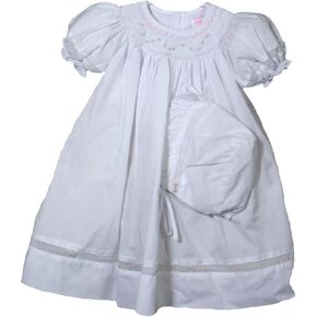 Girls White Dress & Bonnet Pink Smocking Easter or Dedication Outfit Preemie-24m