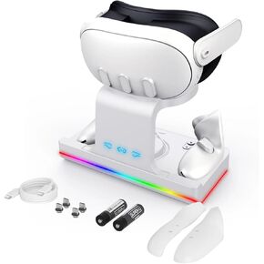 قاعدة شحن MOSHOU لـ Meta Quest 3 VR، حامل شحن لاسلكي مع أضواء RGB، قاعدة شحن لسماعات الرأس ووحدة التحكم Quest 3، بطاريتان قابلتان لإعادة الشحن لـ Oculus/Meata Quest 3 (أبيض) in Kuwait