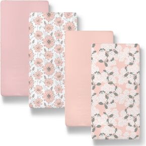 The Peanutshell Organic Bassinet Sheets for Boys or Girls, 100% Jersey Cotton, Universal Fit for Oval, Rectangle, Hourglass Crib Mattresses, 4 Pack Magnolia Floral Nursery Decor, Pink White Grey