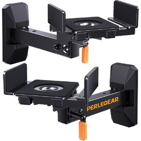 Perlegear Speaker Wall Mounts, Pre-Assembled Bookshelf Speaker Wall Mount with Cushioned Tilt Knob, Swivel and Rotate, Dual Side Clamping Speaker Mount up to 11 lbs, Black and Orange, 1 Pair, PGSM02B