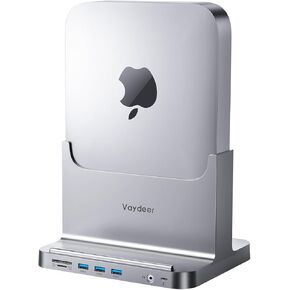 VAYDEER Mac Mini Stand Silver ABS Dock for Mac Mini, 8-in-1 Dock Station Holder with Power Adapter, USB 3.0 Ports/Type C Hub for Data Transfer TF/SD Card Reader HDD/SSD Slot Audio Jack