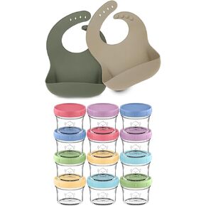 KeaBabies 2-Pack Baby Silicone Bibs and 12-Pack Baby Food Glass Containers - Waterproof, Easy Wipe Silicone Bib for Babies, Toddlers - 4 oz Leak-Proof, Microwavable, Baby Food Storage Container