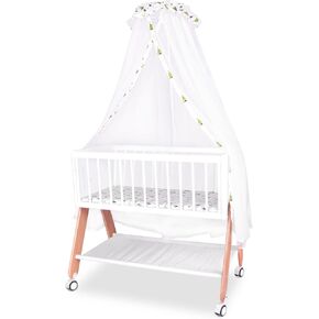 Wooden Bedside Bassinet Sleeper，Safe & Stylish Baby Brib Bassinet with Locking Wheels,Mosquito Net,Large Storage Basket,Mattress Pad Included,Bassinet for Newborn and Infants