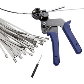 OFFO Metal Zip Ties Cutter Kit, 100 Pcs 9.8" Metal Cable Ties and Cutter, Cutting Tool for Stainless Zip Ties for Chain Link Fence Stakes Privacy Slats Exhaust Pipe Outdoor with Free Release Tool