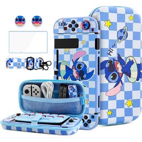 HYPERCASE Cute Accessories Bundle Kit for Nintendo Switch, with Blue Cartoon Switch Carrying Travel Case, Hardshell Protective Cover Skin for NS, Screen Protector, Shoulder Straps & 2 thump caps