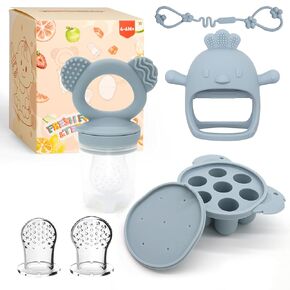 Baby Fruit/Fresh Food Feeder with Breastmilk Popsicle Molds & Baby Teether Combo Food Grade Silicon for 6M+ Breastmilk Pops, Frozen Fruit, Baby Teething Relief (Blue)