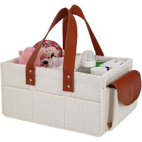 Baby Diaper Caddy Organizer - Soft Sherpa Material with 3 Removable Storage Compartments and 6 Side Pockets - Nursery Storage Bin and Car Organizer for Diapers and Baby Wipes - Beige