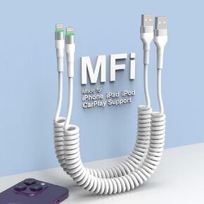 Coiled USB to Lightning Cable, iPhone Charging Cord 5FT for Car, Apple MFi Certified & Sync Data, for Apple CarPlay, iPhone 14 13 12 11/ Pro/Pro Max/Plus/Mini/SE/XS/XR/X/ 8 7 6 5, White 2 Pack