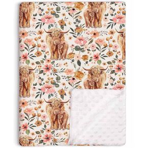 Highland Cow Boho Floral Baby Blanket Unisex, Soft Newborn Minky Blankets with Double Layer Dotted Backing, Farmhouse Themed Receiving Blankets, Toddler Baby Nursery Bed Crib Shower Gifts, 30"x40"