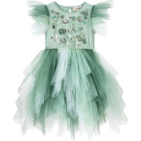 Tutu Dress for Girls - Embroidered Tulle Dress Tiered Layered Green Flower Girl Dress for Wedding Birthday Party