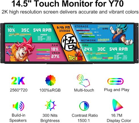شاشة LCD تعمل باللمس 14.5 بوصة لـ Hyte Y70 2K 2560x720 IPS عرض HDMI USB C لنظام التشغيل Windows Aida64 CPU GPU مراقبة عرض درجة الحرارة in Kuwait