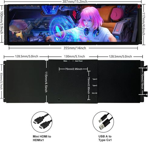 شاشة LCD تعمل باللمس 14.5 بوصة لـ Hyte Y70 2K 2560x720 IPS عرض HDMI USB C لنظام التشغيل Windows Aida64 CPU GPU مراقبة عرض درجة الحرارة in Kuwait